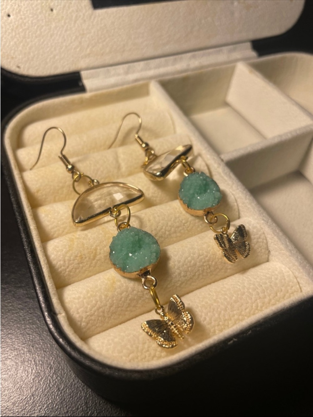 Gold-Tone Butterfly Drop Earrings with Mint Green Druzy
